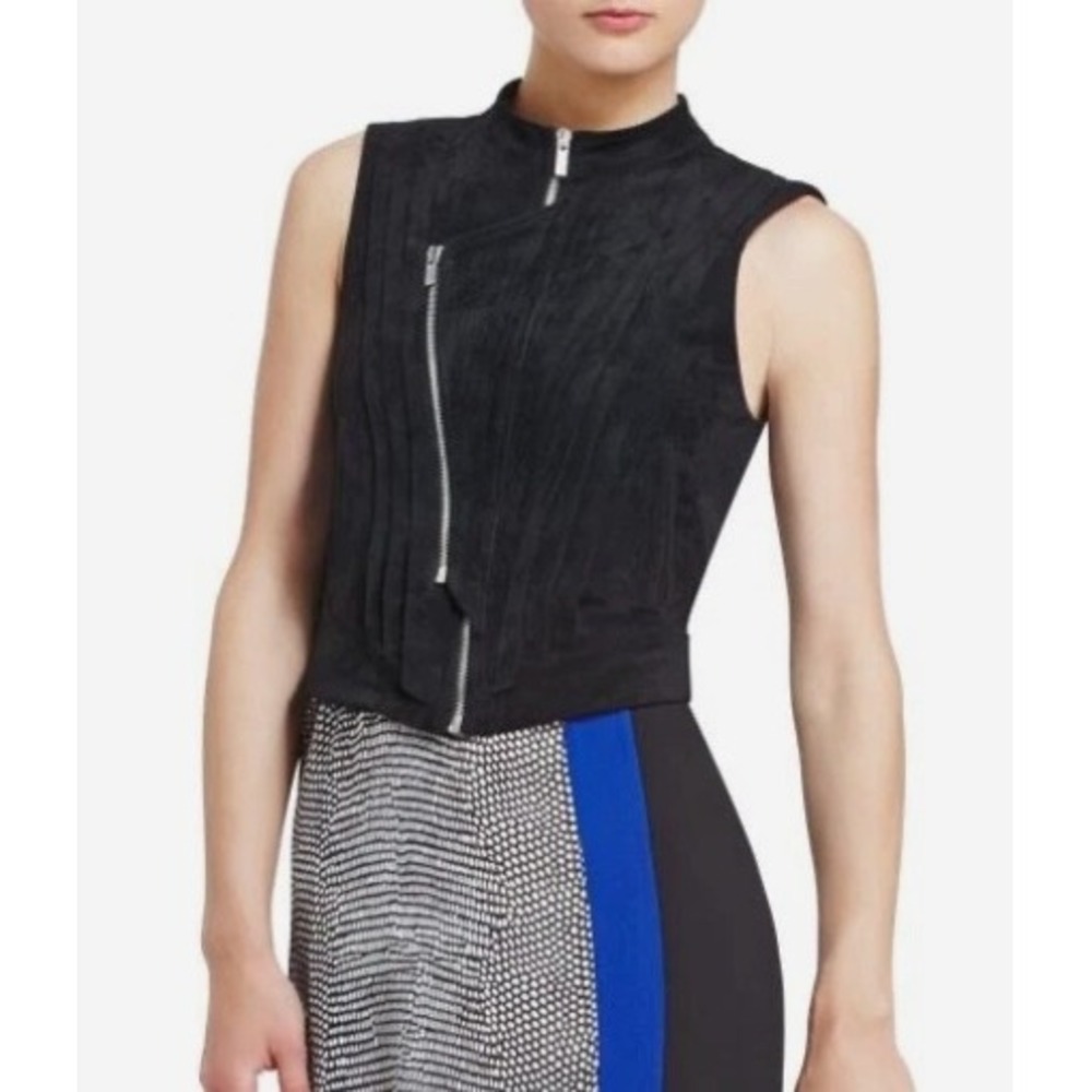 BCBGMAXAZRIA Damien Pleated Moto Zip Vest Jacket Womens Size XS Black Chic Edgy